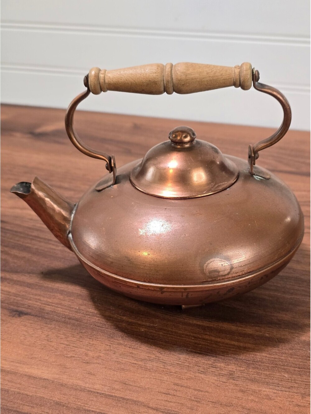Vintage Gregorian Solid Copper Tea Kettle Teapot Wood Handle Colonial Decor